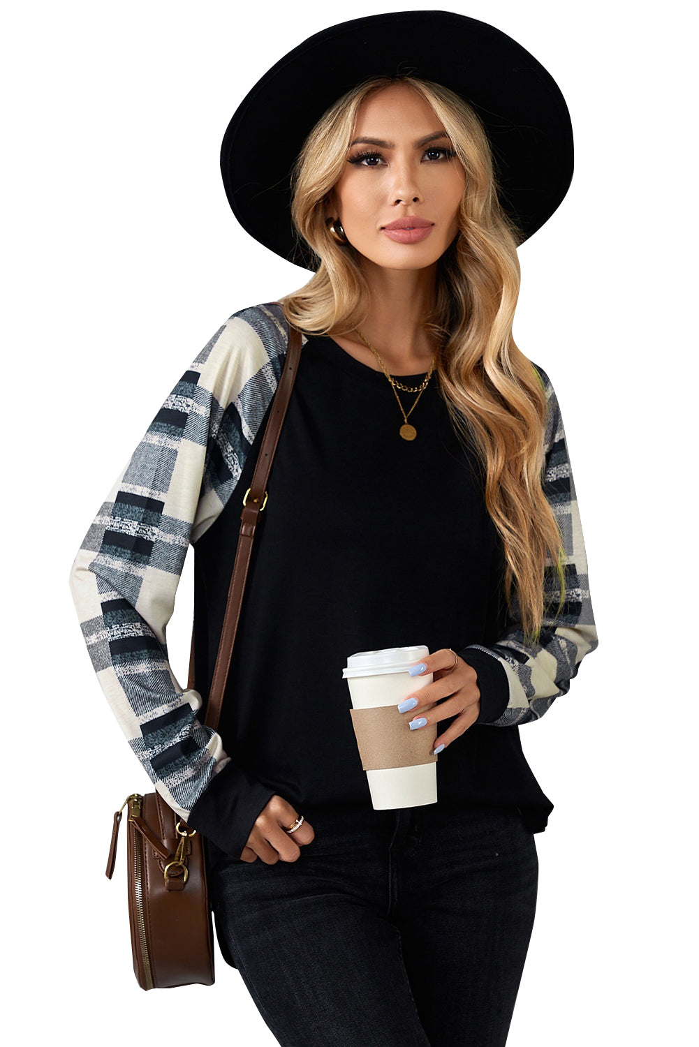 Monochrome plaid long sleeves black pullover top featuring colorblocked sleeves and a round neckline, perfect for casual and stylish outfits.