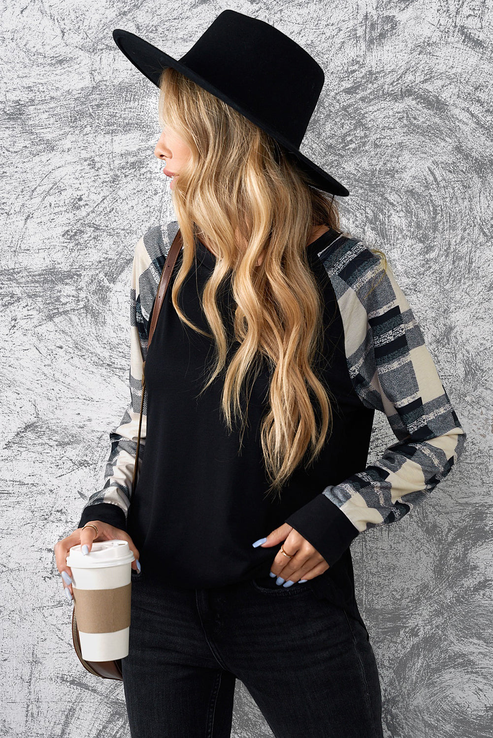 Monochrome plaid long sleeves black pullover top featuring colorblocked sleeves and a round neckline, perfect for casual and stylish outfits.