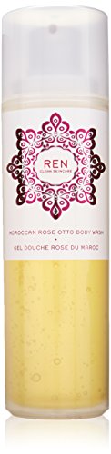 A bottle of Moroccan Rose Otto Body Wash with a floral design, showcasing its luxurious and aromatic properties.