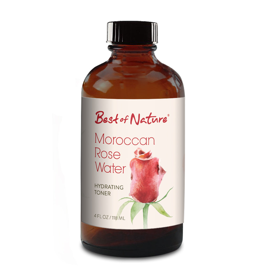 A 4 oz bottle of Best of Nature's 100% pure Moroccan Rose Water, showcasing its elegant design and natural ingredients.