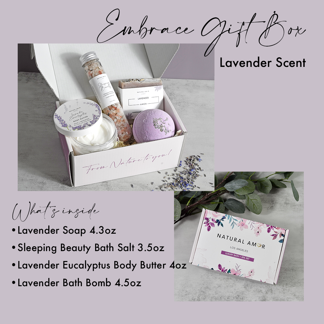 Mother's Embrace gift box featuring vegan skincare products including soap, bath salt, body butter, and bath bomb in rose and lavender scents.