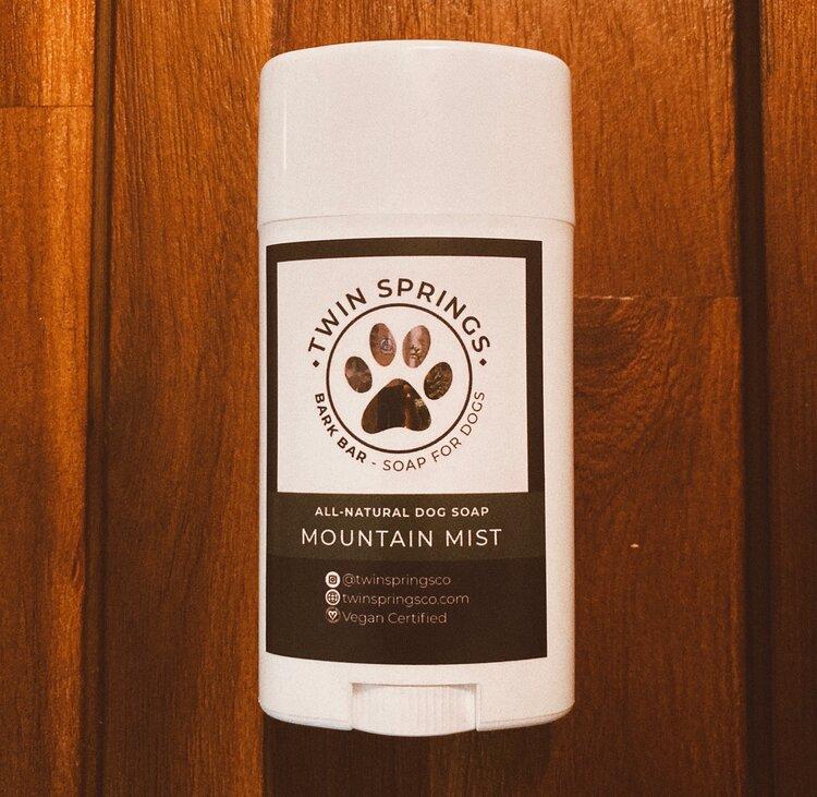 Twin Springs Mountain Mist Bark Bar for dogs, handcrafted soap in a travel-friendly design, perfect for outdoor adventures.