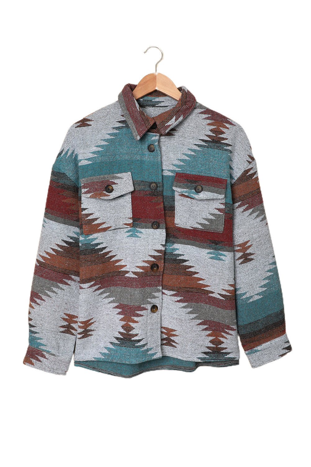 Multicolor Aztec Print Lapel Button Shirt Jacket featuring geometric patterns and two chest flap pockets, styled casually.