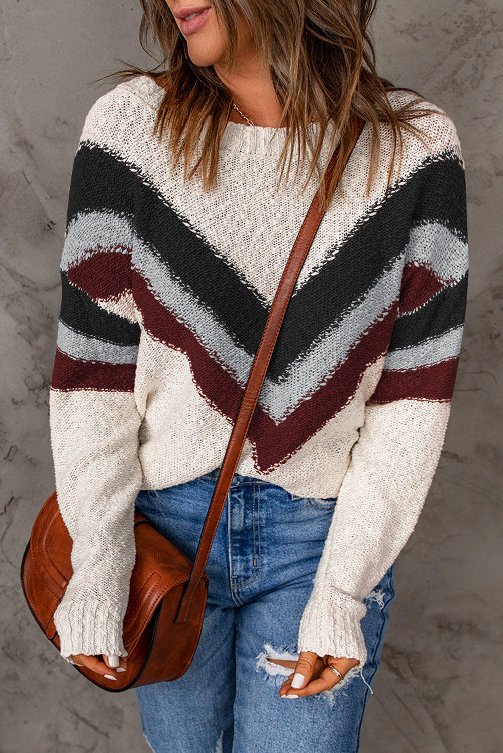 Multicolor Chevron Striped Drop Shoulder Sweater displayed on a mannequin, showcasing its trendy design and ribbed trim.