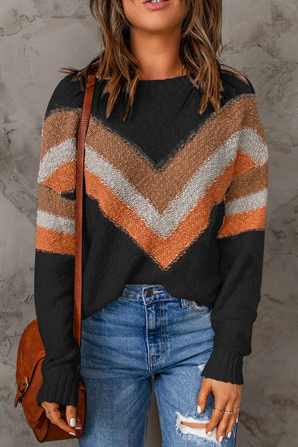 Multicolor Chevron Striped Drop Shoulder Sweater displayed on a mannequin, showcasing its trendy design and ribbed trim.