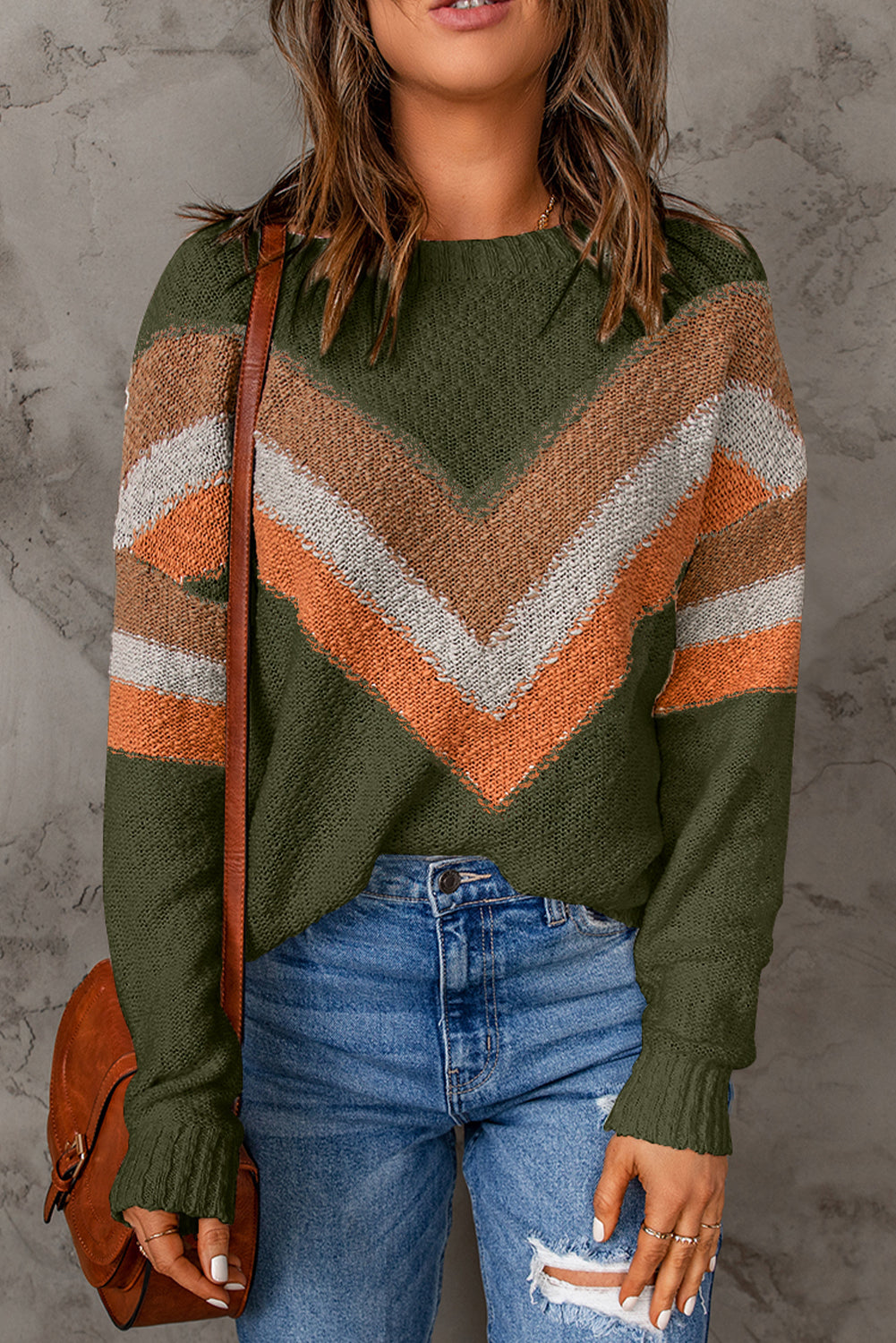 Multicolor Chevron Striped Drop Shoulder Sweater displayed on a mannequin, showcasing its trendy design and ribbed trim.