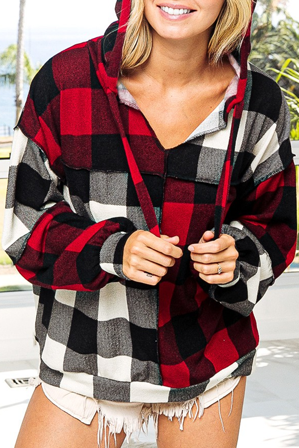 Multicolor Contrast Color Plaid Drawstring V Neck Hoodie displayed on a mannequin, showcasing its stylish design and vibrant plaid pattern.