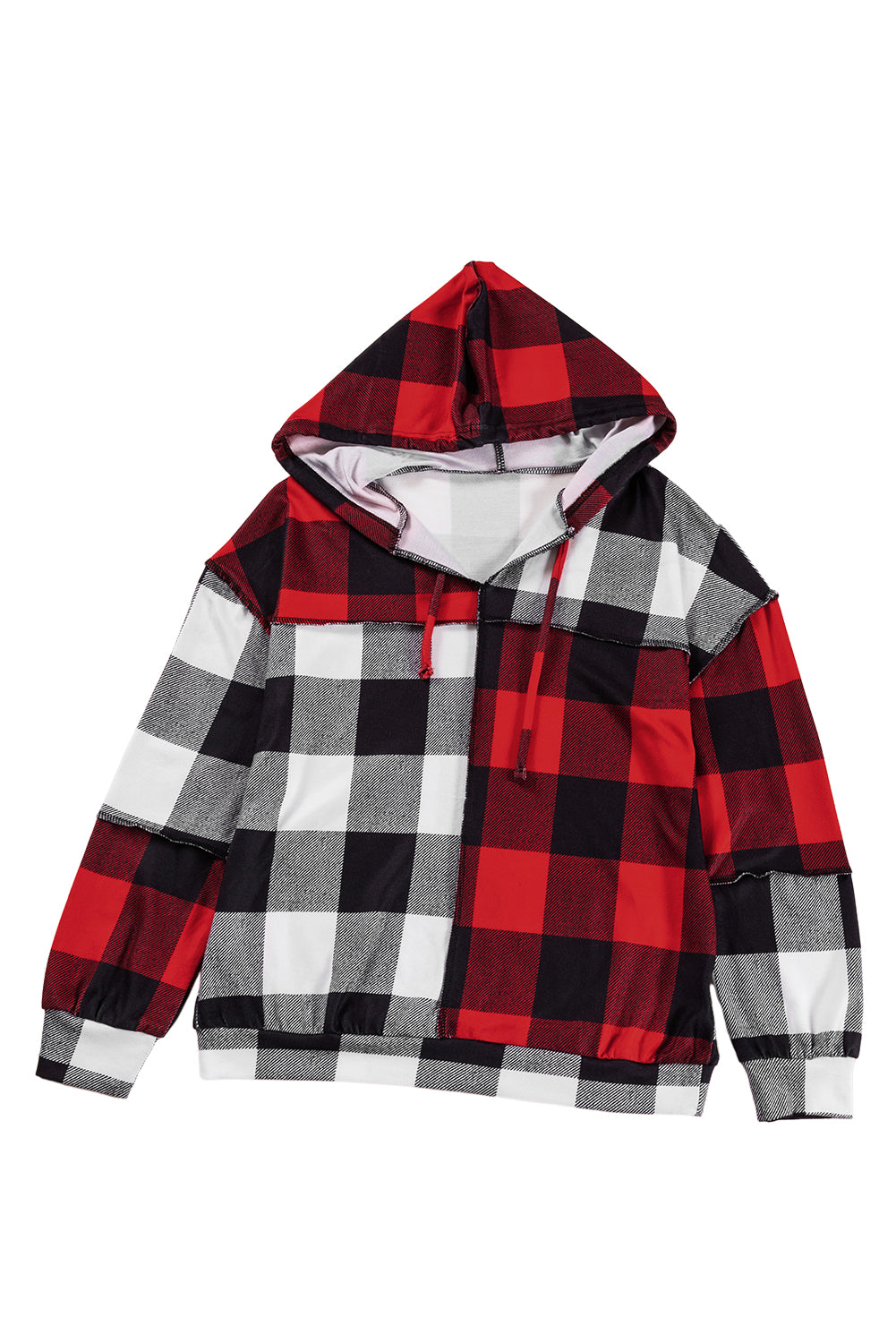 Multicolor Contrast Color Plaid Drawstring V Neck Hoodie displayed on a mannequin, showcasing its stylish design and vibrant plaid pattern.