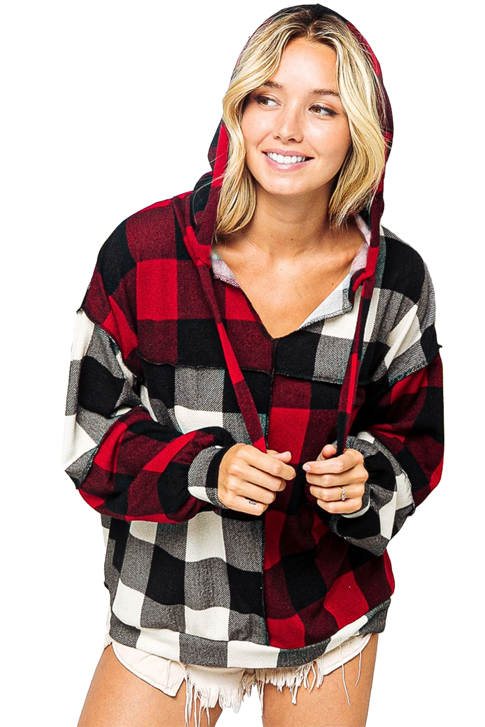 Multicolor Contrast Color Plaid Drawstring V Neck Hoodie displayed on a mannequin, showcasing its stylish design and vibrant plaid pattern.