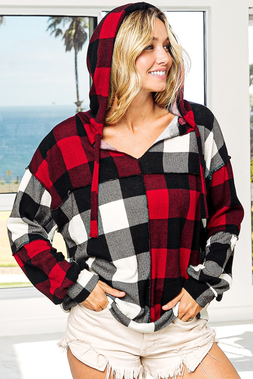 Multicolor Contrast Color Plaid Drawstring V Neck Hoodie displayed on a mannequin, showcasing its stylish design and vibrant plaid pattern.