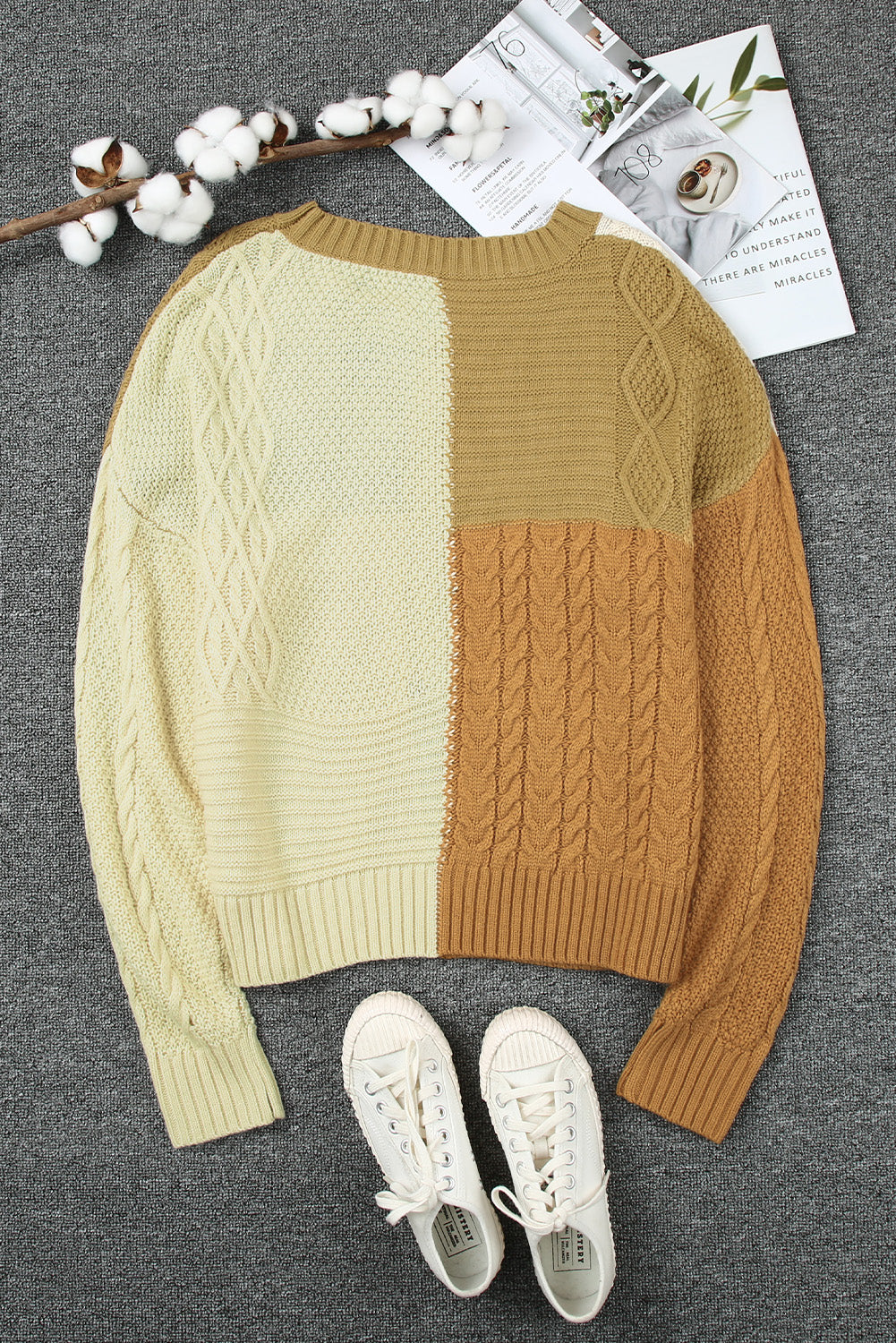 Multicolor Crew Neck Contrast Color Block Sweater featuring a relaxed fit and ribbed trims, showcasing a vibrant color-blocked design.