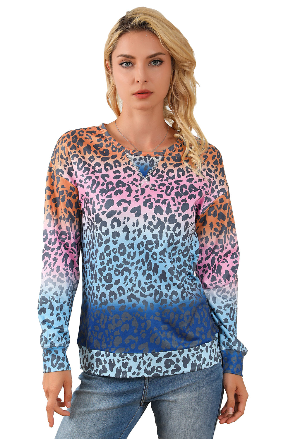 Multicolor gradient leopard print pullover sweatshirt showcasing vibrant colors and stylish design, perfect for casual wear.