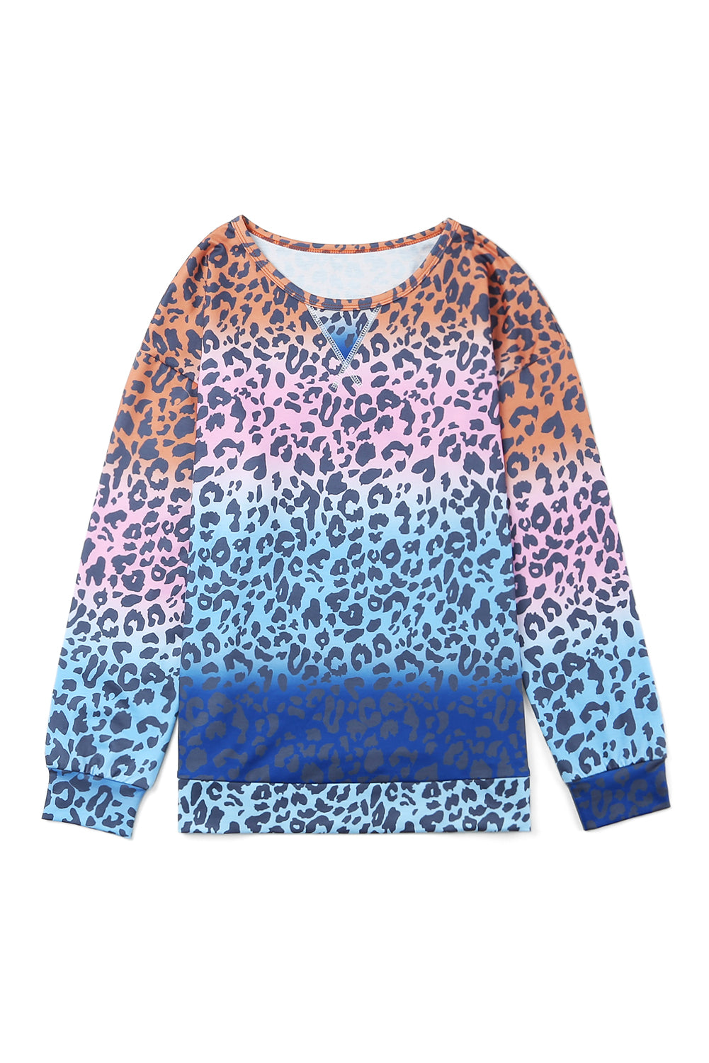 Multicolor gradient leopard print pullover sweatshirt showcasing vibrant colors and stylish design, perfect for casual wear.