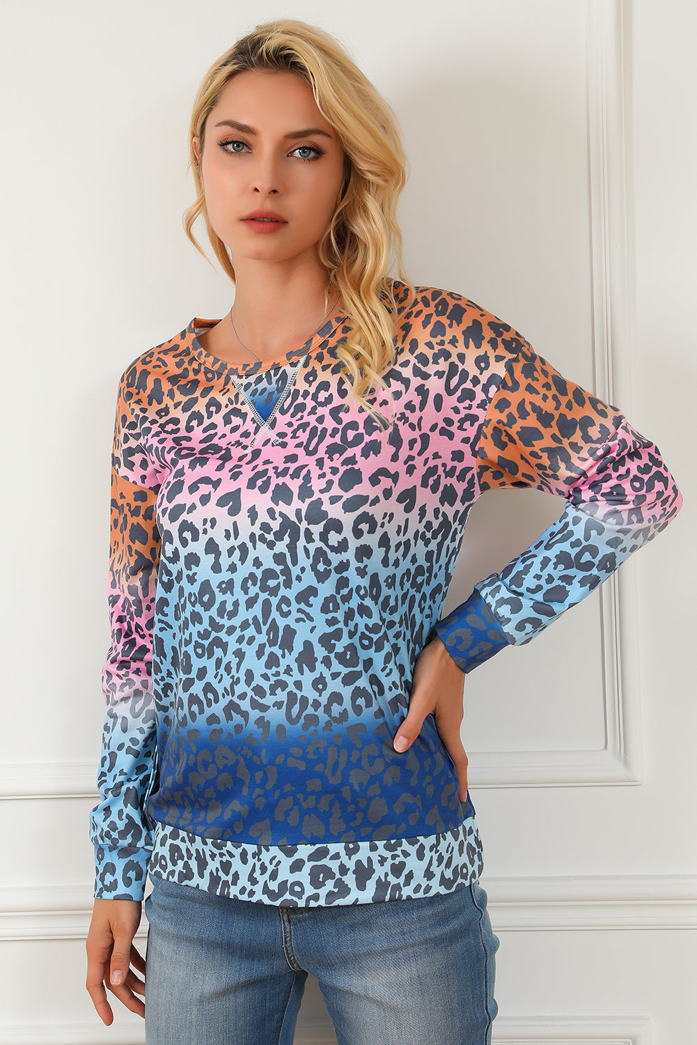 Multicolor gradient leopard print pullover sweatshirt showcasing vibrant colors and stylish design, perfect for casual wear.