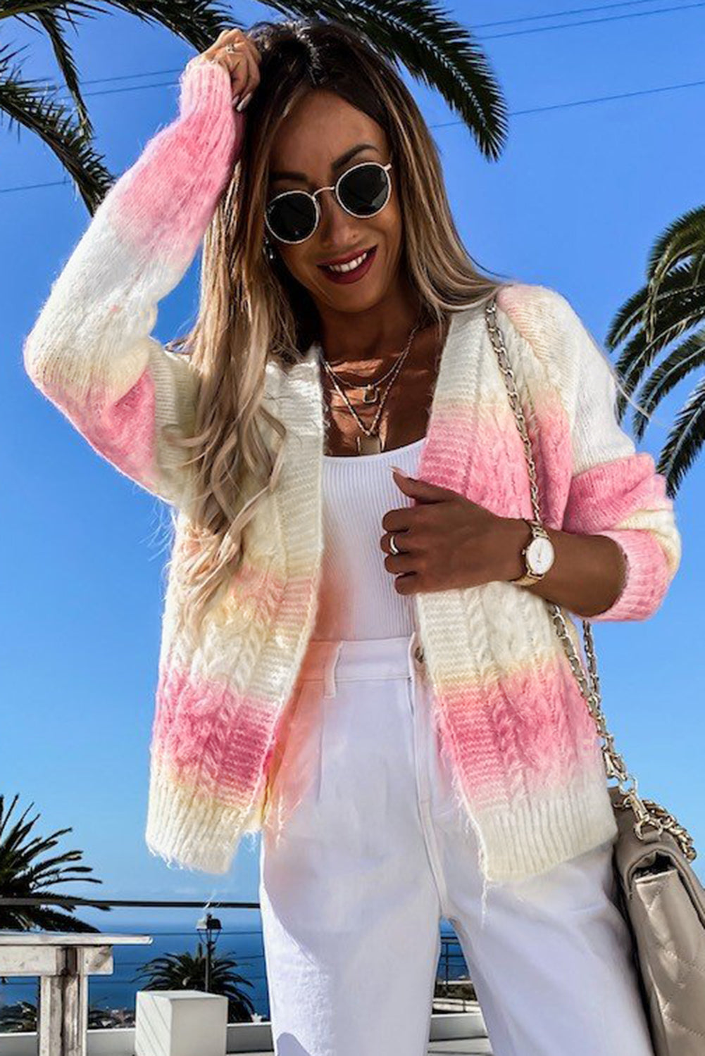 Multicolor Gradient Open Front Colorblock Tie-dye Cardigan showcasing unique patterns and braided texture, perfect for winter fashion.