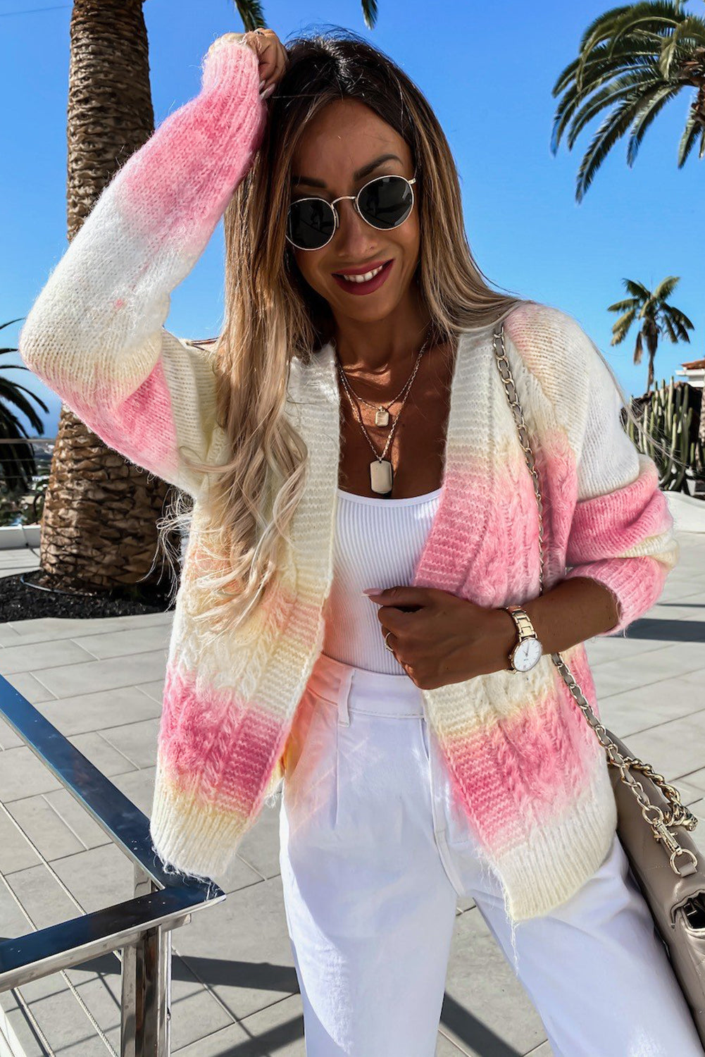 Multicolor Gradient Open Front Colorblock Tie-dye Cardigan showcasing unique patterns and braided texture, perfect for winter fashion.