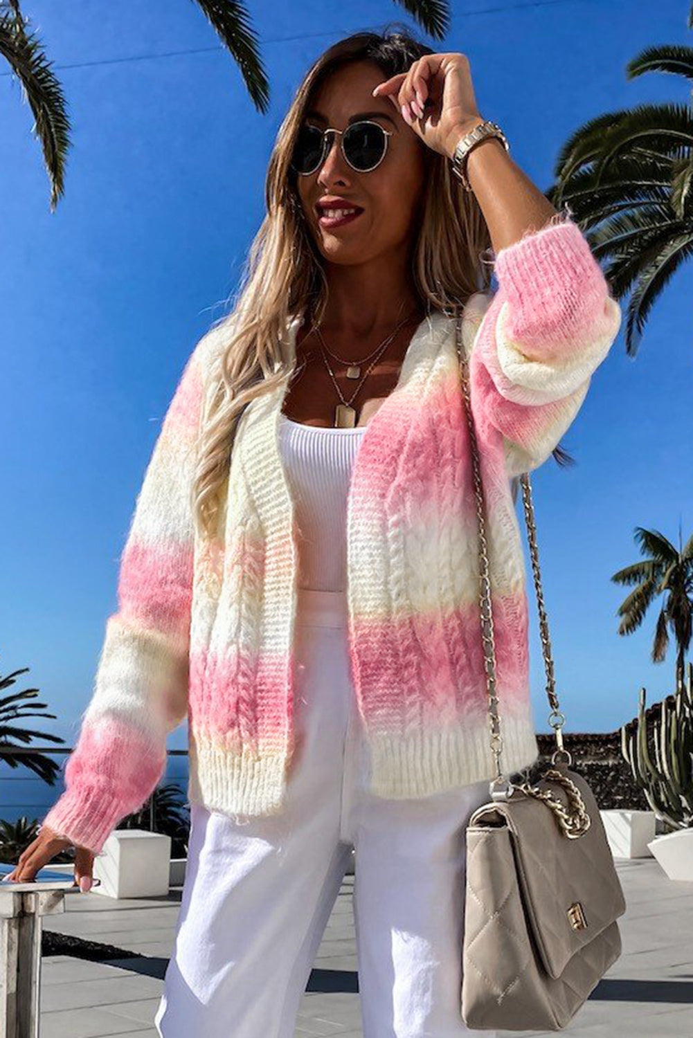 Multicolor Gradient Open Front Colorblock Tie-dye Cardigan showcasing unique patterns and braided texture, perfect for winter fashion.