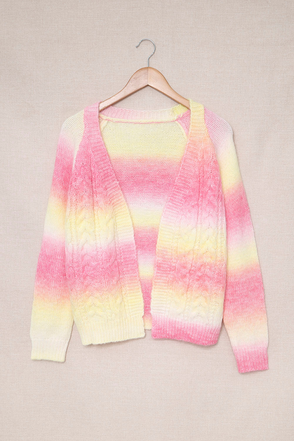 Multicolor Gradient Open Front Colorblock Tie-dye Cardigan showcasing unique patterns and braided texture, perfect for winter fashion.