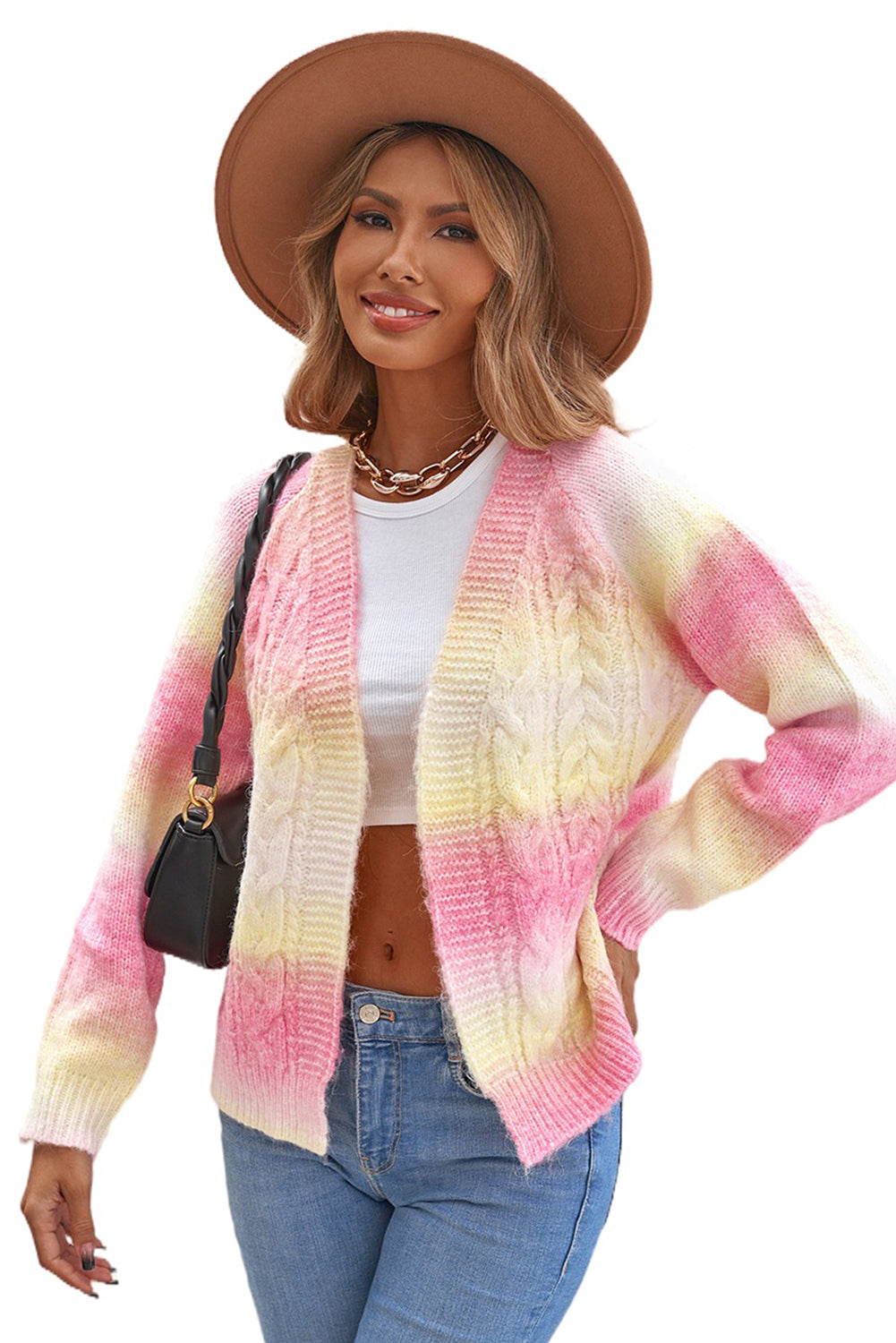 Multicolor Gradient Open Front Colorblock Tie-dye Cardigan showcasing unique patterns and braided texture, perfect for winter fashion.