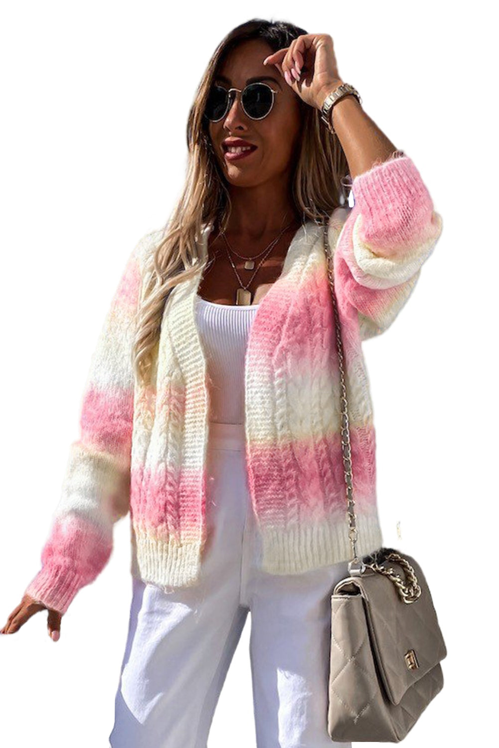 Multicolor Gradient Open Front Colorblock Tie-dye Cardigan showcasing unique patterns and braided texture, perfect for winter fashion.