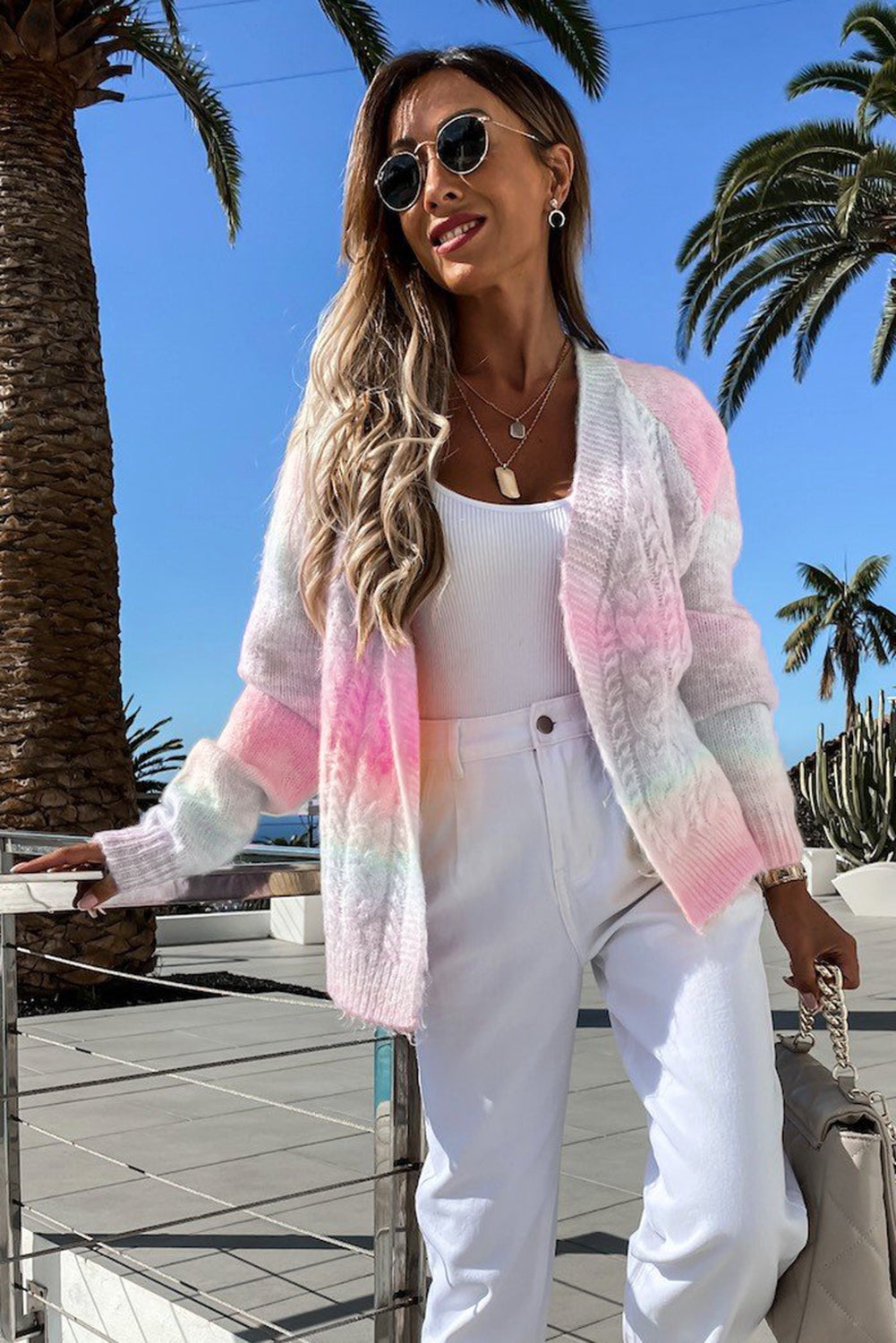 Multicolor Gradient Open Front Colorblock Tie-dye Cardigan showcasing unique patterns and braided texture, perfect for winter fashion.