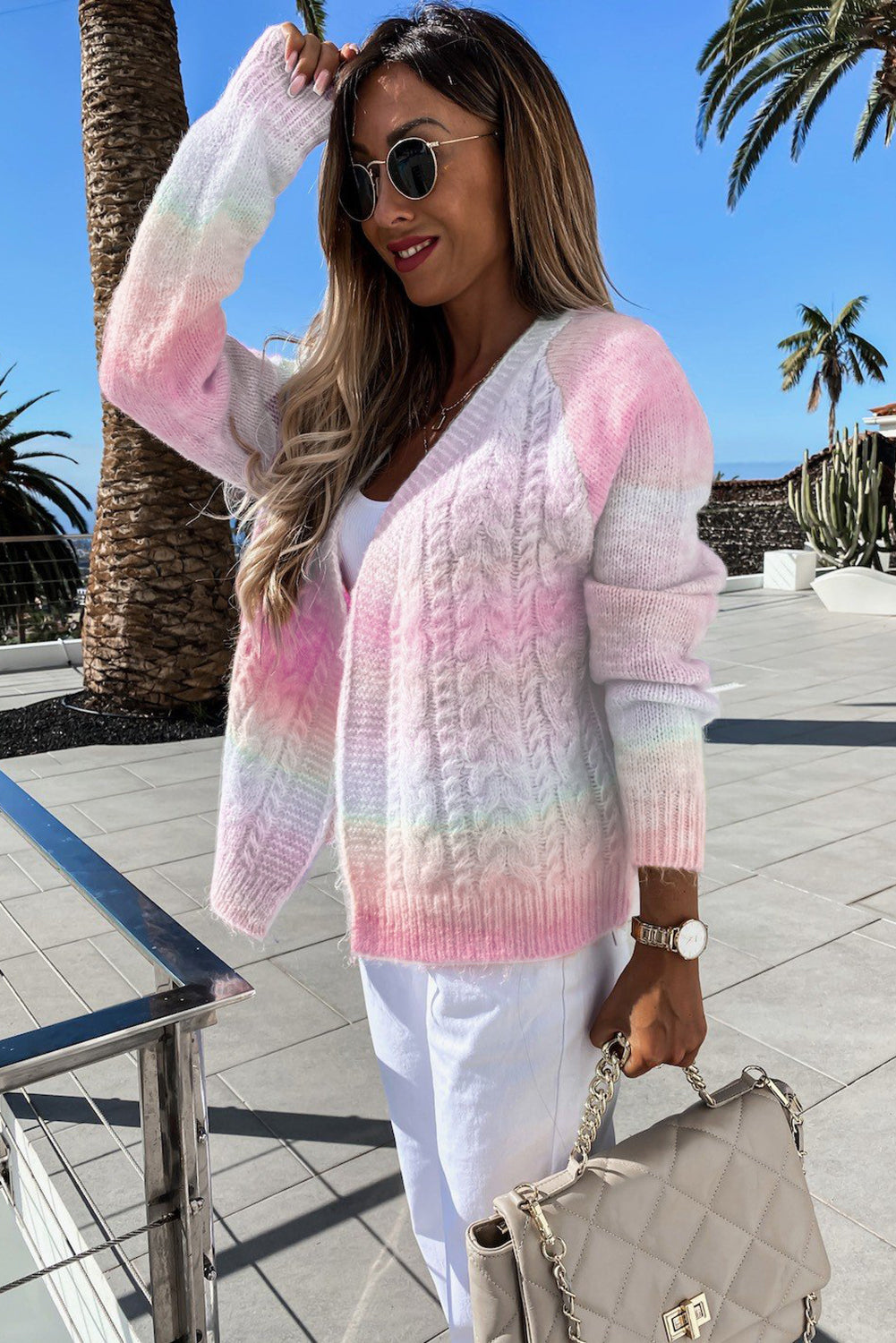 Multicolor Gradient Open Front Colorblock Tie-dye Cardigan showcasing unique patterns and braided texture, perfect for winter fashion.