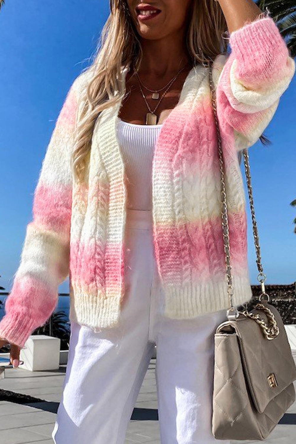 Multicolor Gradient Open Front Colorblock Tie-dye Cardigan showcasing unique patterns and braided texture, perfect for winter fashion.