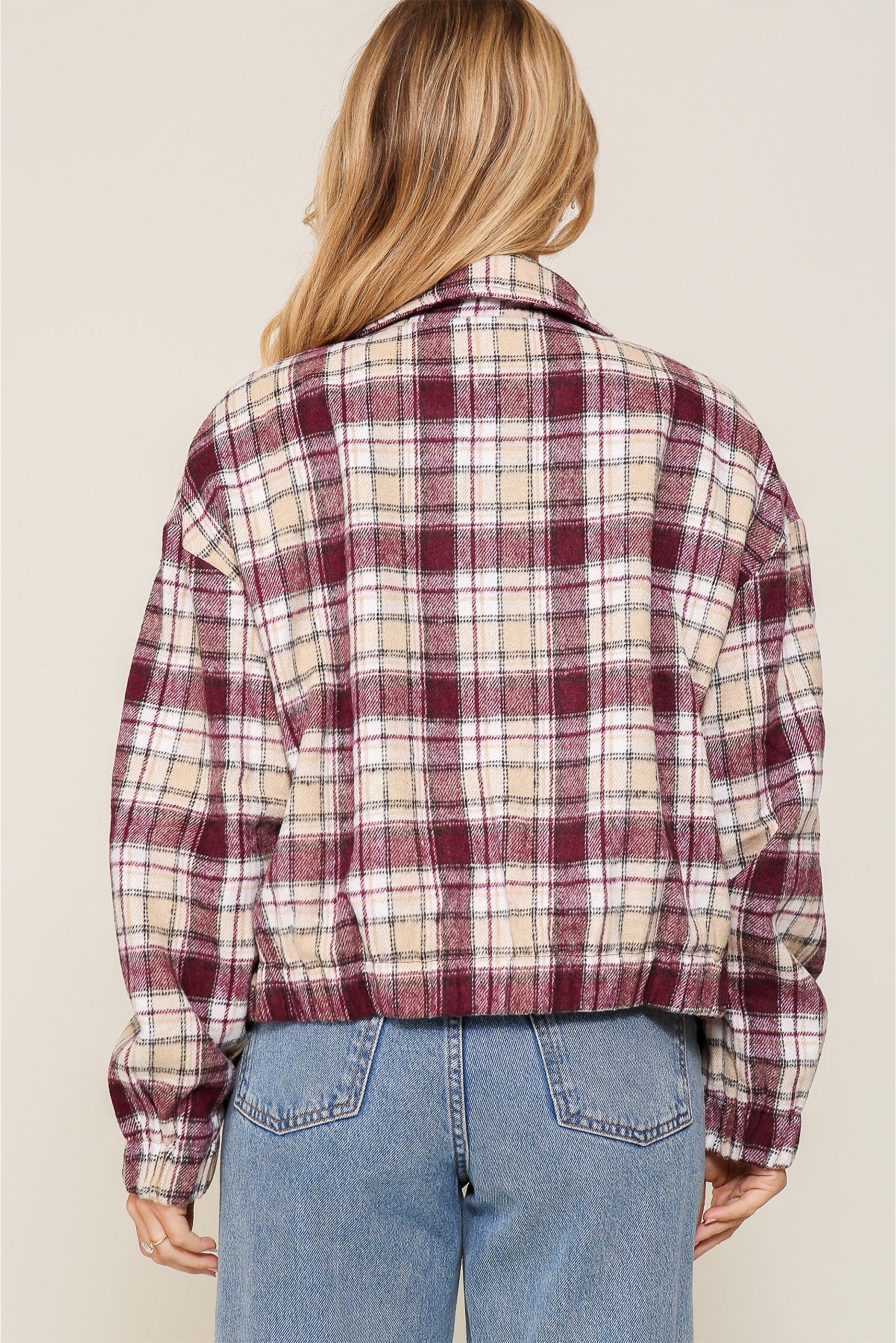 Multicolor plaid print zip-up jacket with turn down collar, showcasing a stylish cropped design suitable for various occasions.