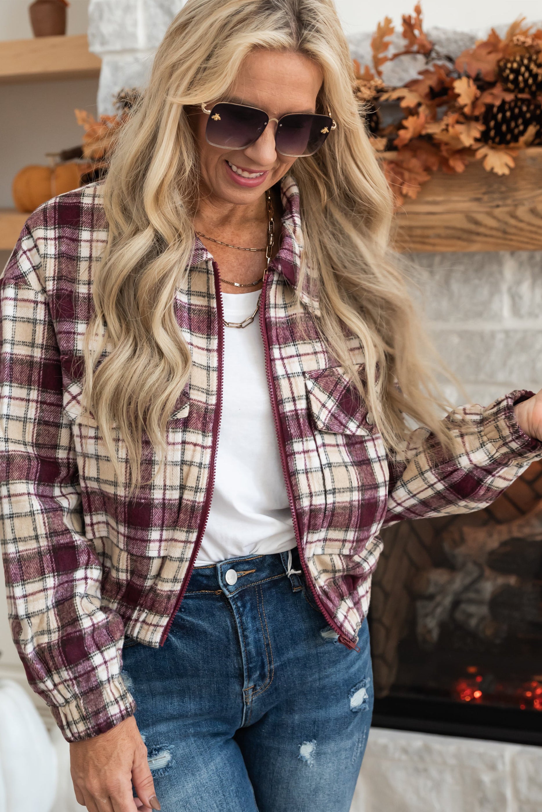 Multicolor plaid print zip-up jacket with turn down collar, showcasing a stylish cropped design suitable for various occasions.