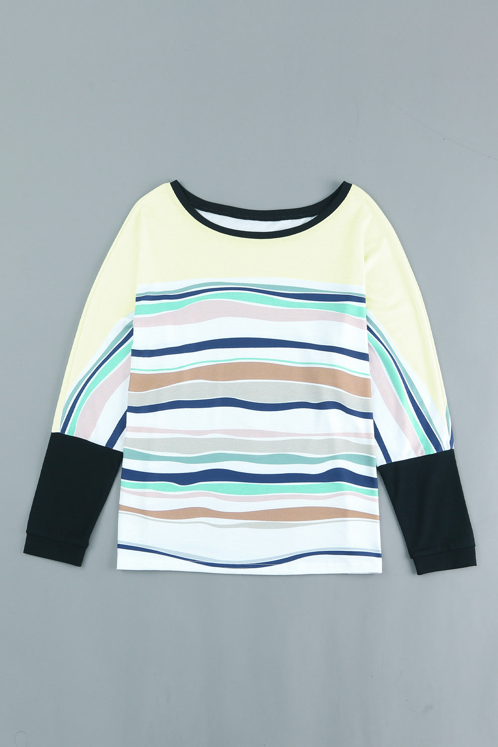 Multicolor striped color block long sleeve top for women, featuring a casual crew neck and loose fit design, perfect for everyday wear.