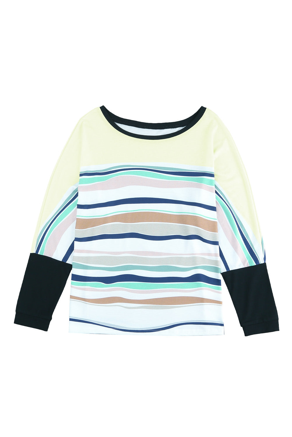 Multicolor striped color block long sleeve top for women, featuring a casual crew neck and loose fit design, perfect for everyday wear.