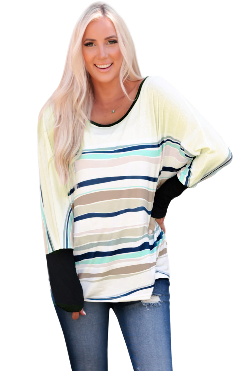 Multicolor striped color block long sleeve top for women, featuring a casual crew neck and loose fit design, perfect for everyday wear.