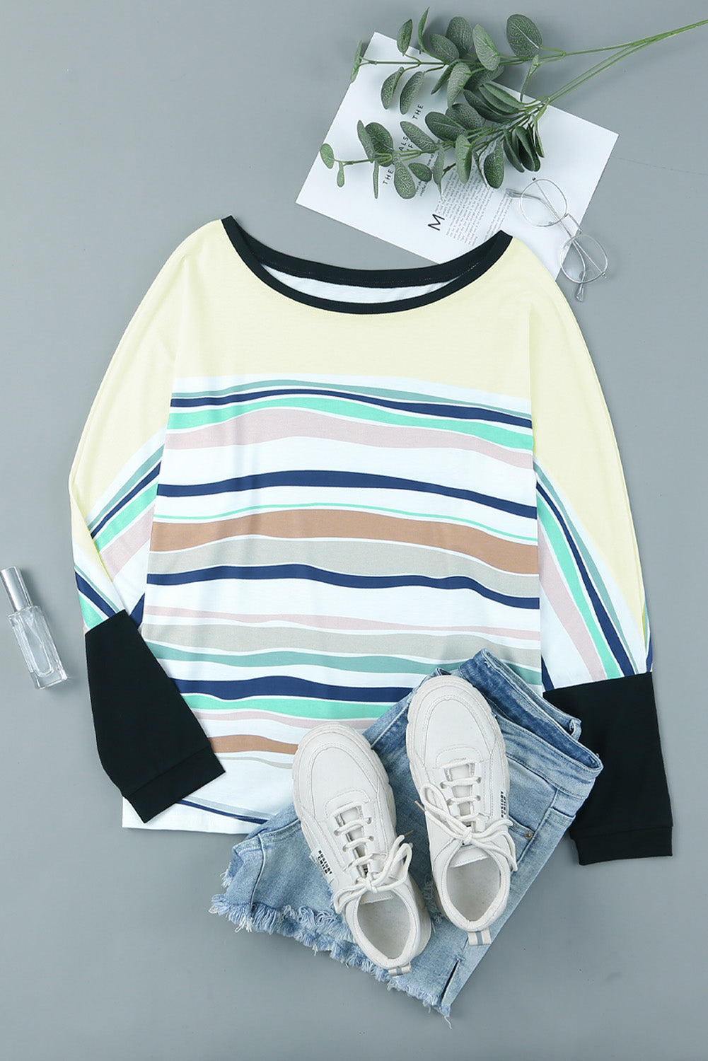 Multicolor striped color block long sleeve top for women, featuring a casual crew neck and loose fit design, perfect for everyday wear.