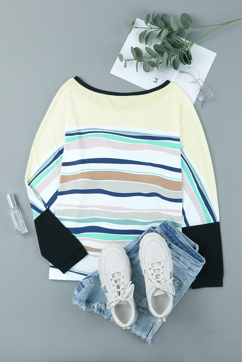 Multicolor striped color block long sleeve top for women, featuring a casual crew neck and loose fit design, perfect for everyday wear.