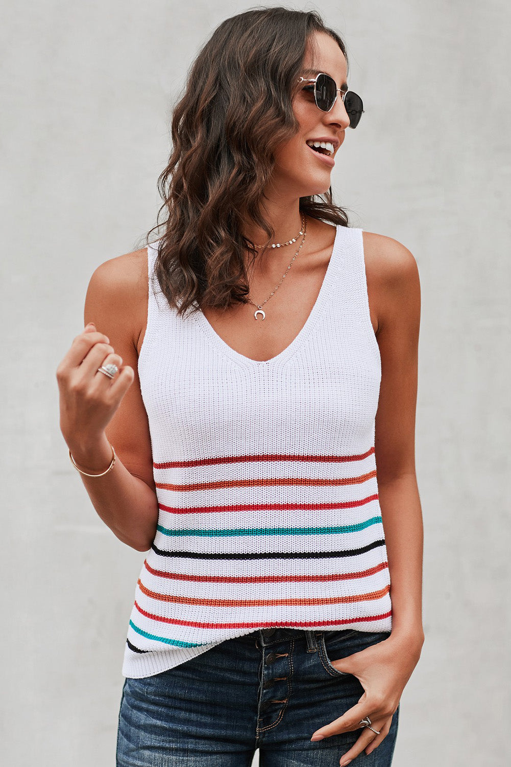 Multicolor Stripes White Knit Tank Top featuring a v-neck and sleeveless design, showcasing vibrant stripes on a white background.