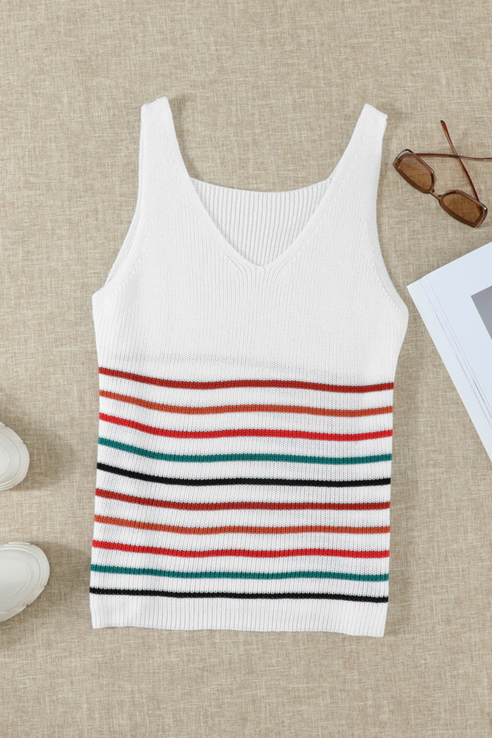 Multicolor Stripes White Knit Tank Top featuring a v-neck and sleeveless design, showcasing vibrant stripes on a white background.