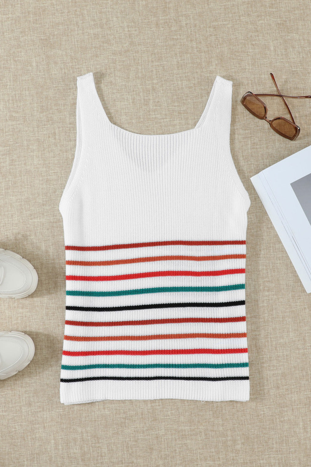 Multicolor Stripes White Knit Tank Top featuring a v-neck and sleeveless design, showcasing vibrant stripes on a white background.