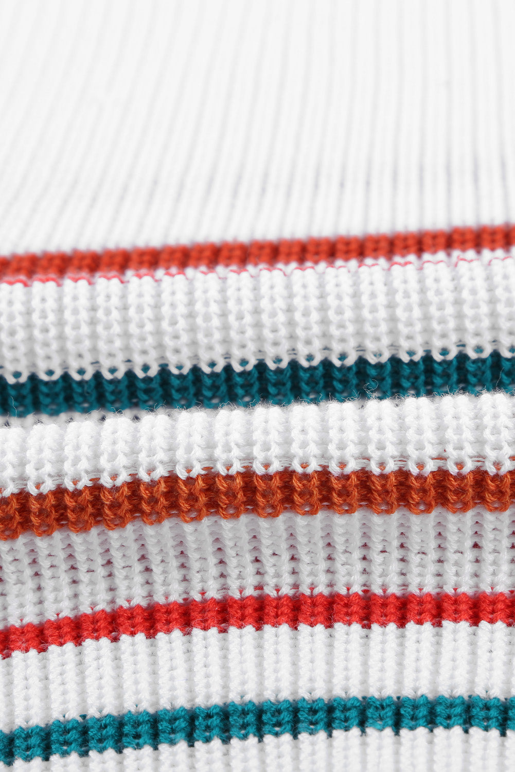 Multicolor Stripes White Knit Tank Top featuring a v-neck and sleeveless design, showcasing vibrant stripes on a white background.