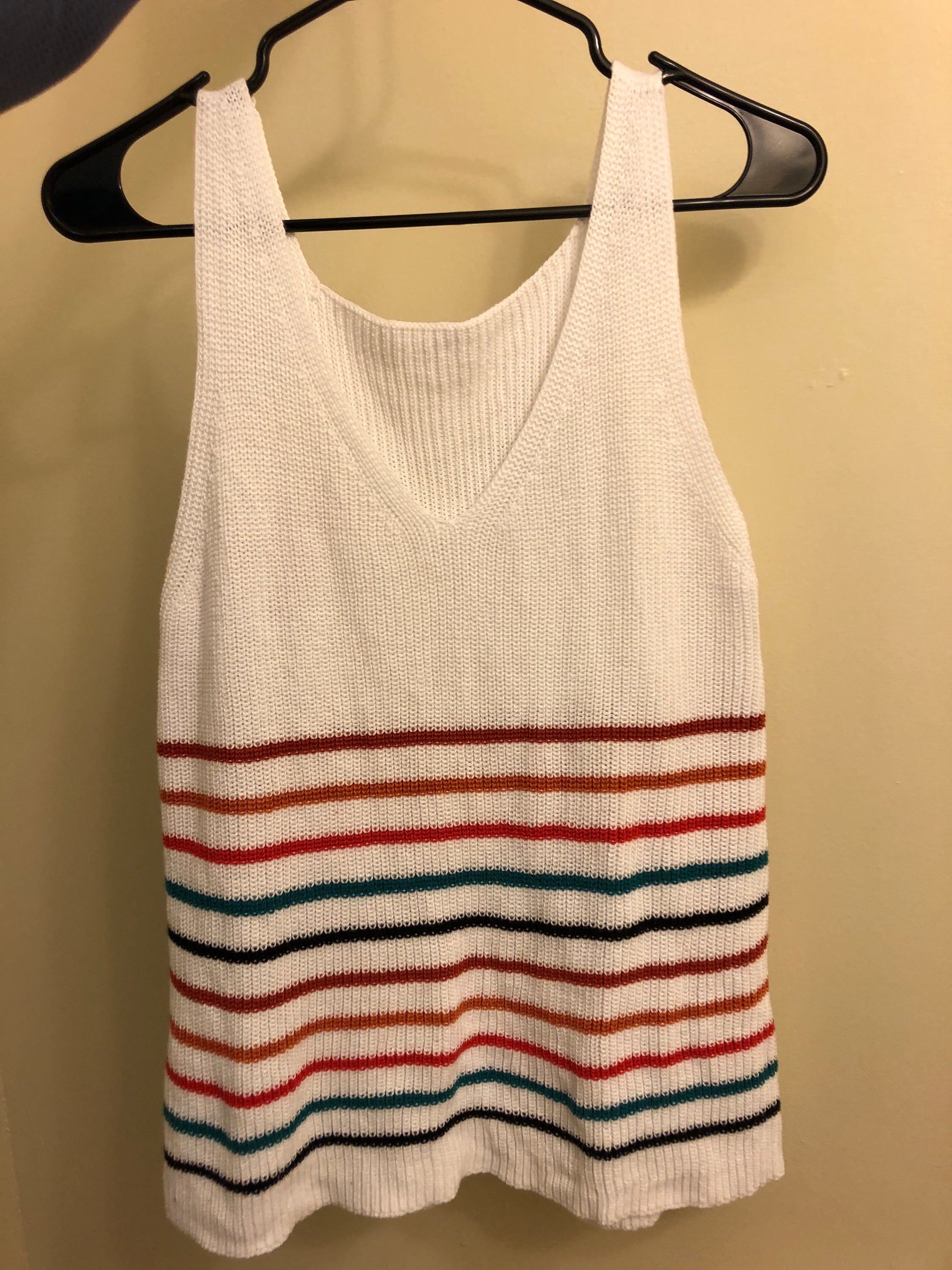 Multicolor Stripes White Knit Tank Top featuring a v-neck and sleeveless design, showcasing vibrant stripes on a white background.