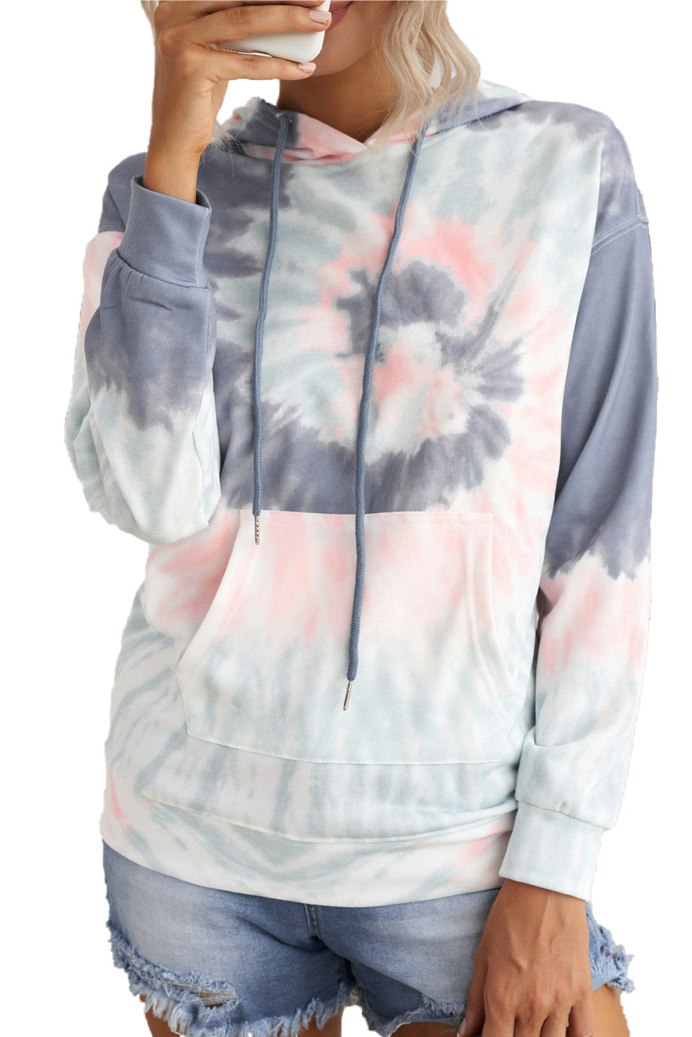 Multicolor tie-dye print pullover hoodie displayed on a mannequin, showcasing vibrant colors and a cozy design.