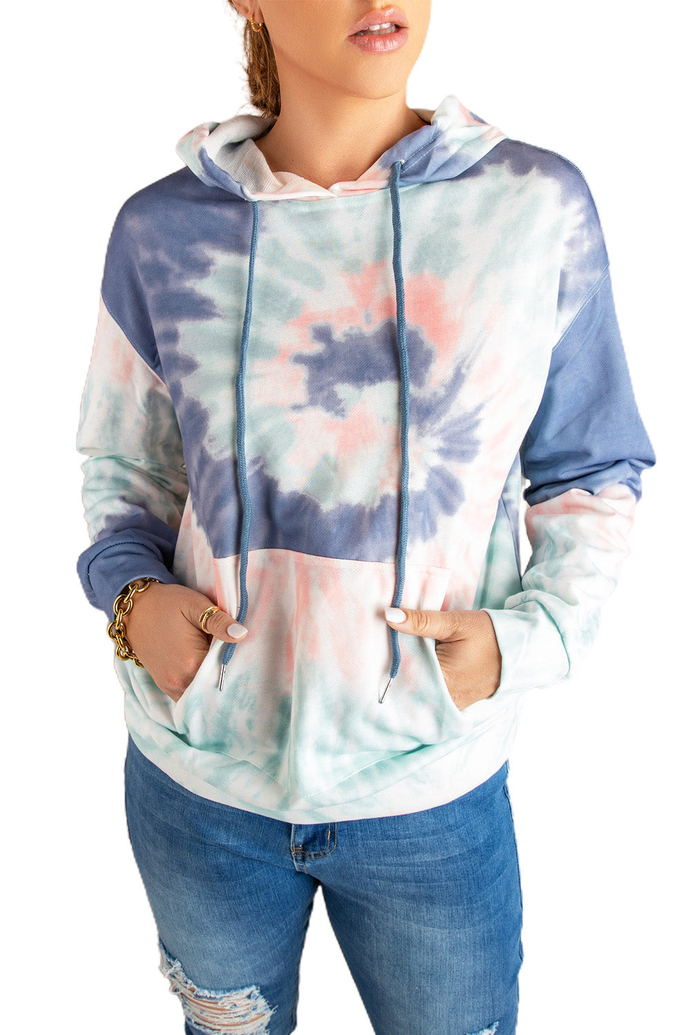 Multicolor tie-dye print pullover hoodie displayed on a mannequin, showcasing vibrant colors and a cozy design.