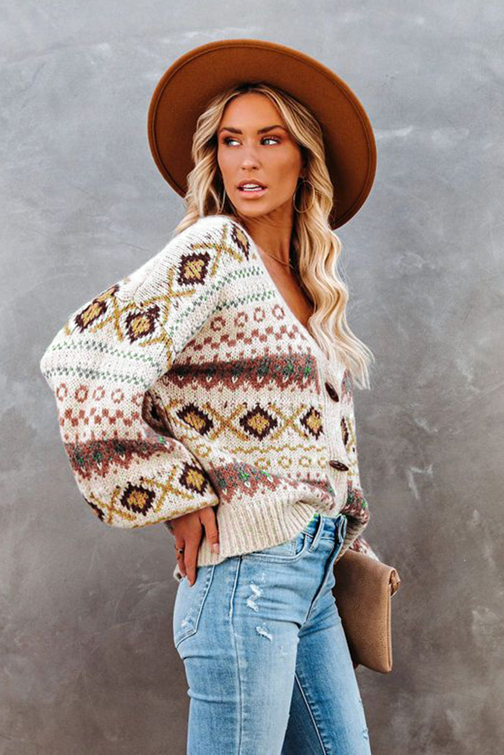 Multicolor Tribal Pattern V Neck Button Front Cardigan featuring a relaxed fit and thick knit fabric, perfect for layering.