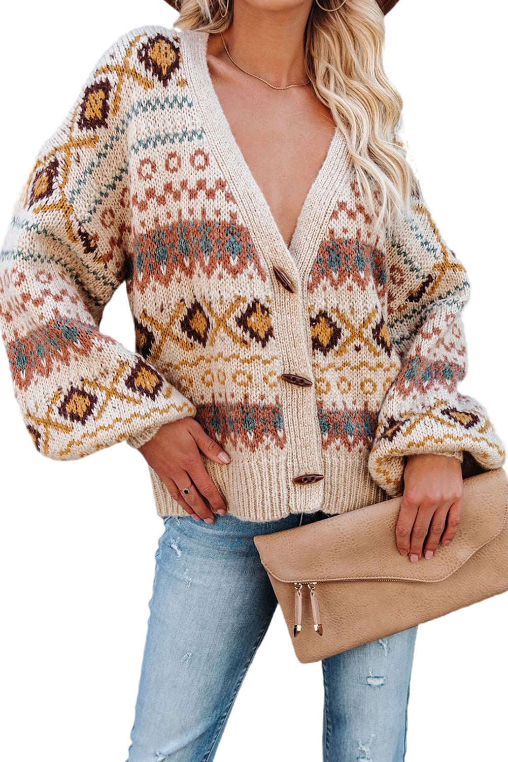 Multicolor Tribal Pattern V Neck Button Front Cardigan featuring a relaxed fit and thick knit fabric, perfect for layering.