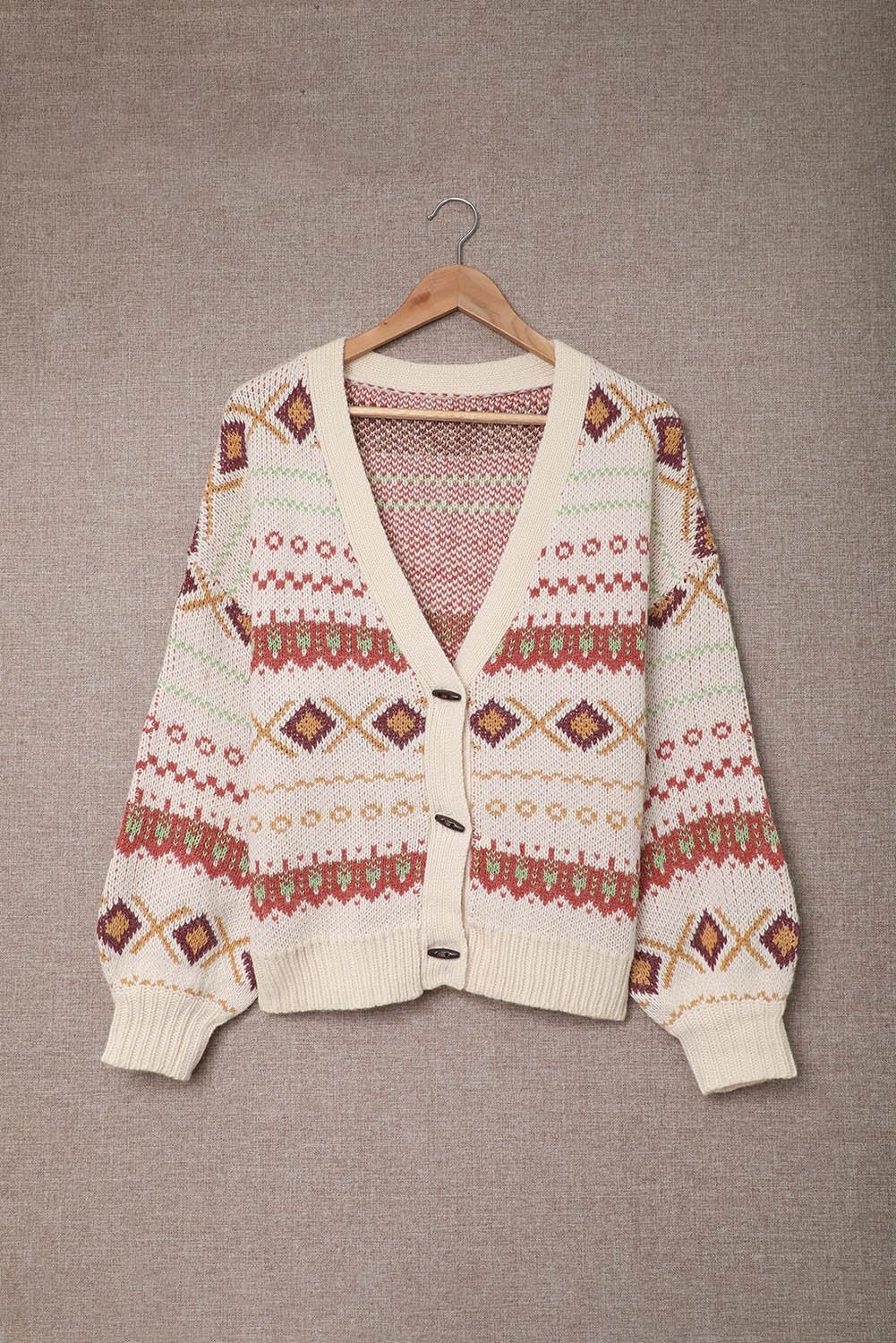 Multicolor Tribal Pattern V Neck Button Front Cardigan featuring a relaxed fit and thick knit fabric, perfect for layering.