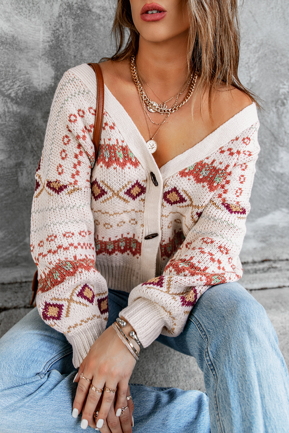 Multicolor Tribal Pattern V Neck Button Front Cardigan featuring a relaxed fit and thick knit fabric, perfect for layering.