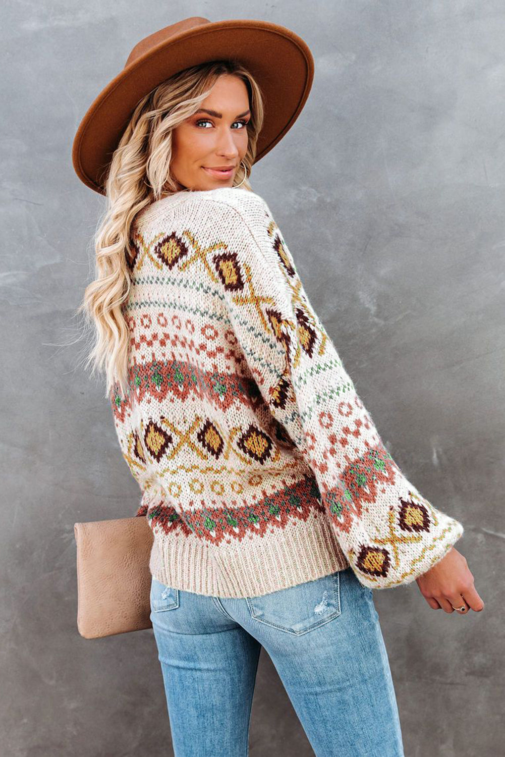 Multicolor Tribal Pattern V Neck Button Front Cardigan featuring a relaxed fit and thick knit fabric, perfect for layering.