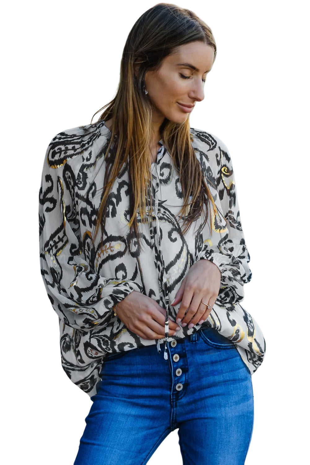 Multicolour Boho Flower Print Casual Blouse featuring bubble sleeves and a relaxed fit, perfect for casual outings.