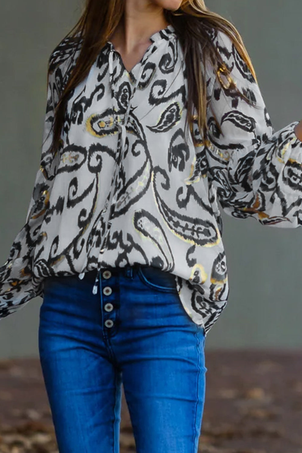 Multicolour Boho Flower Print Casual Blouse featuring bubble sleeves and a relaxed fit, perfect for casual outings.