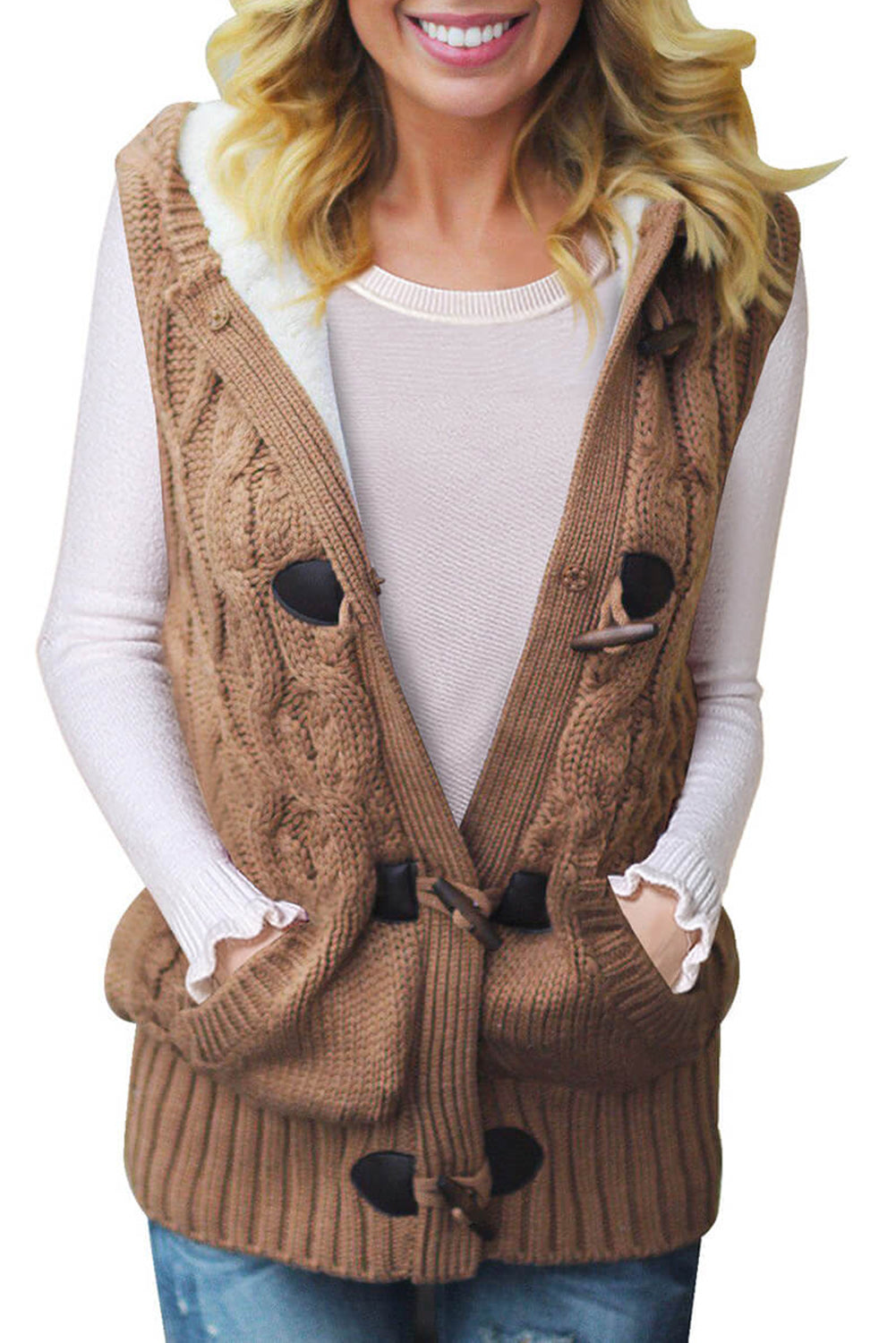 A cozy multicolour cable knit hooded sweater vest with an open front and button-down design, featuring side pockets.