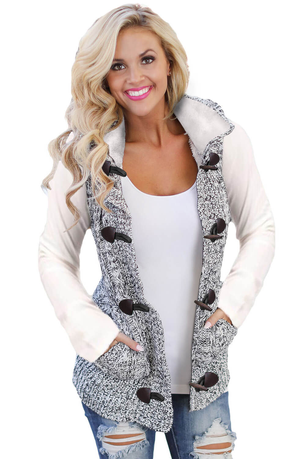 A cozy multicolour cable knit hooded sweater vest with an open front and button-down design, featuring side pockets.